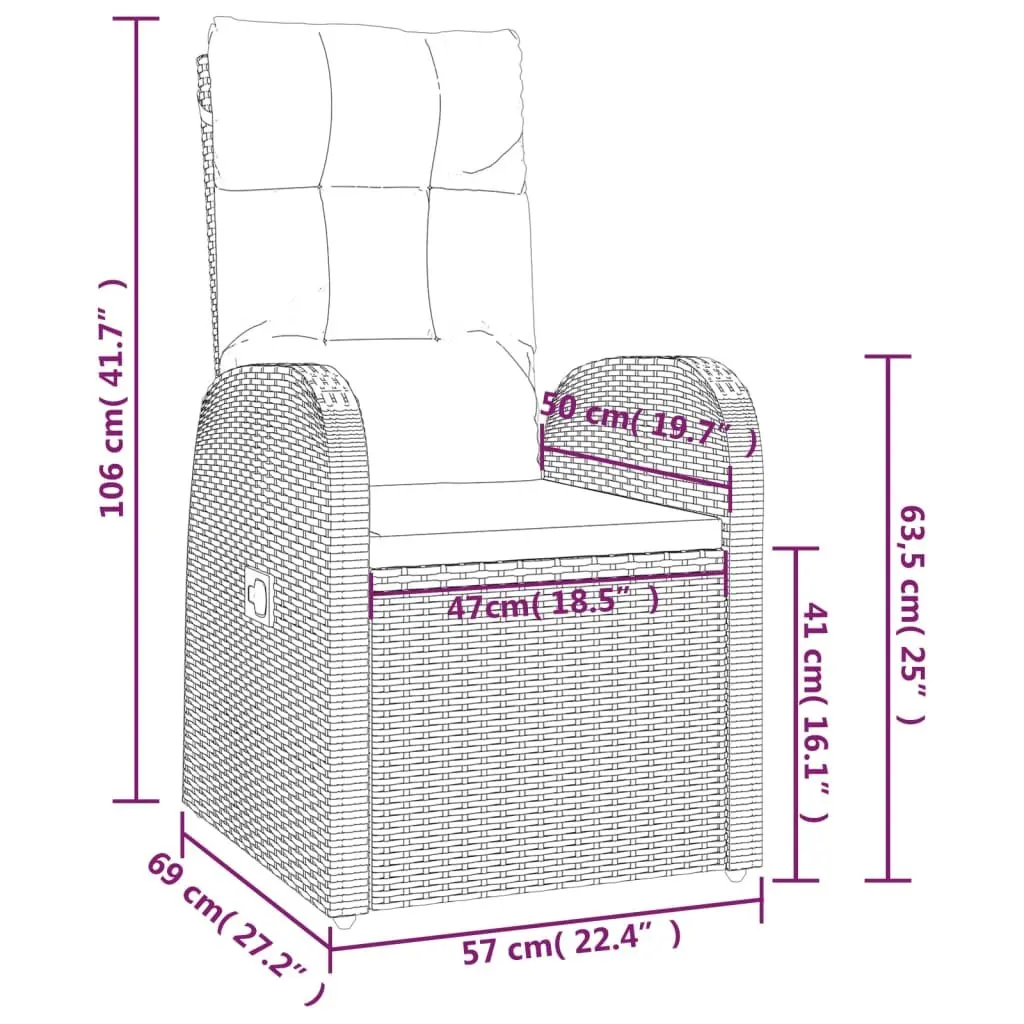 3 Piece Garden Lounge Set Black Reclining Chairs Tempered Glass Table Outdoor
