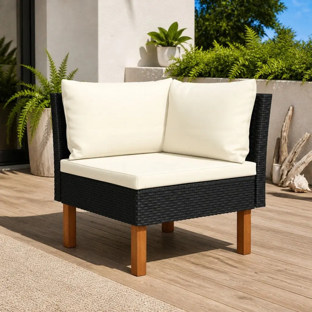 Outdoor Corner Sofa Sectional Unit Black PE Rattan with Steel Frame and Eucalyptus Wood Legs