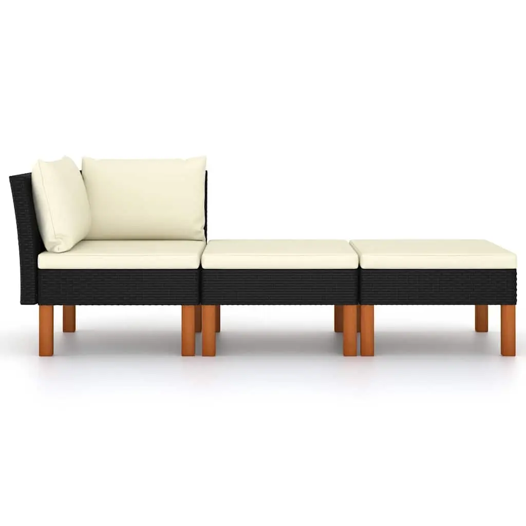 3 Piece Outdoor Garden Lounge Set Black Sectional Sofa with Cushions