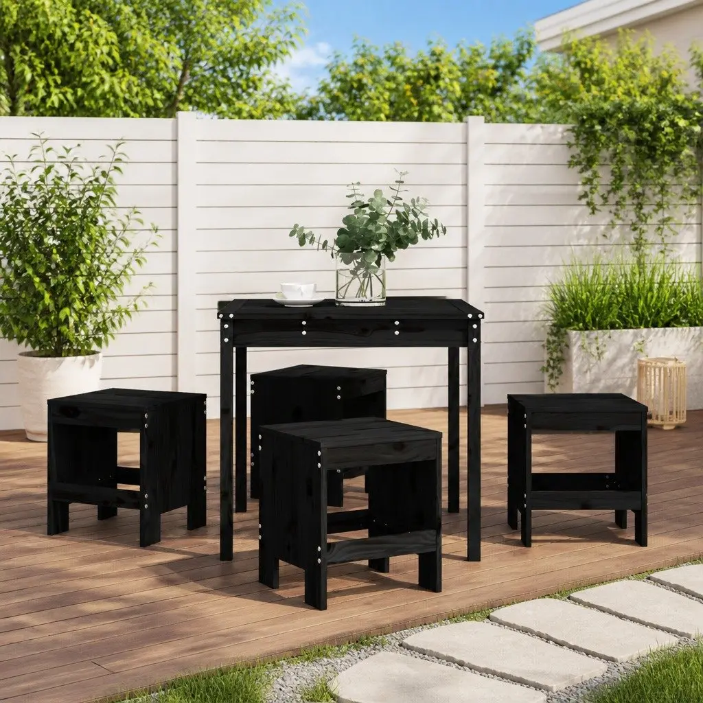 Outdoor Dining Set 5 Piece Garden Patio Table Chairs Black Solid Pine Wood