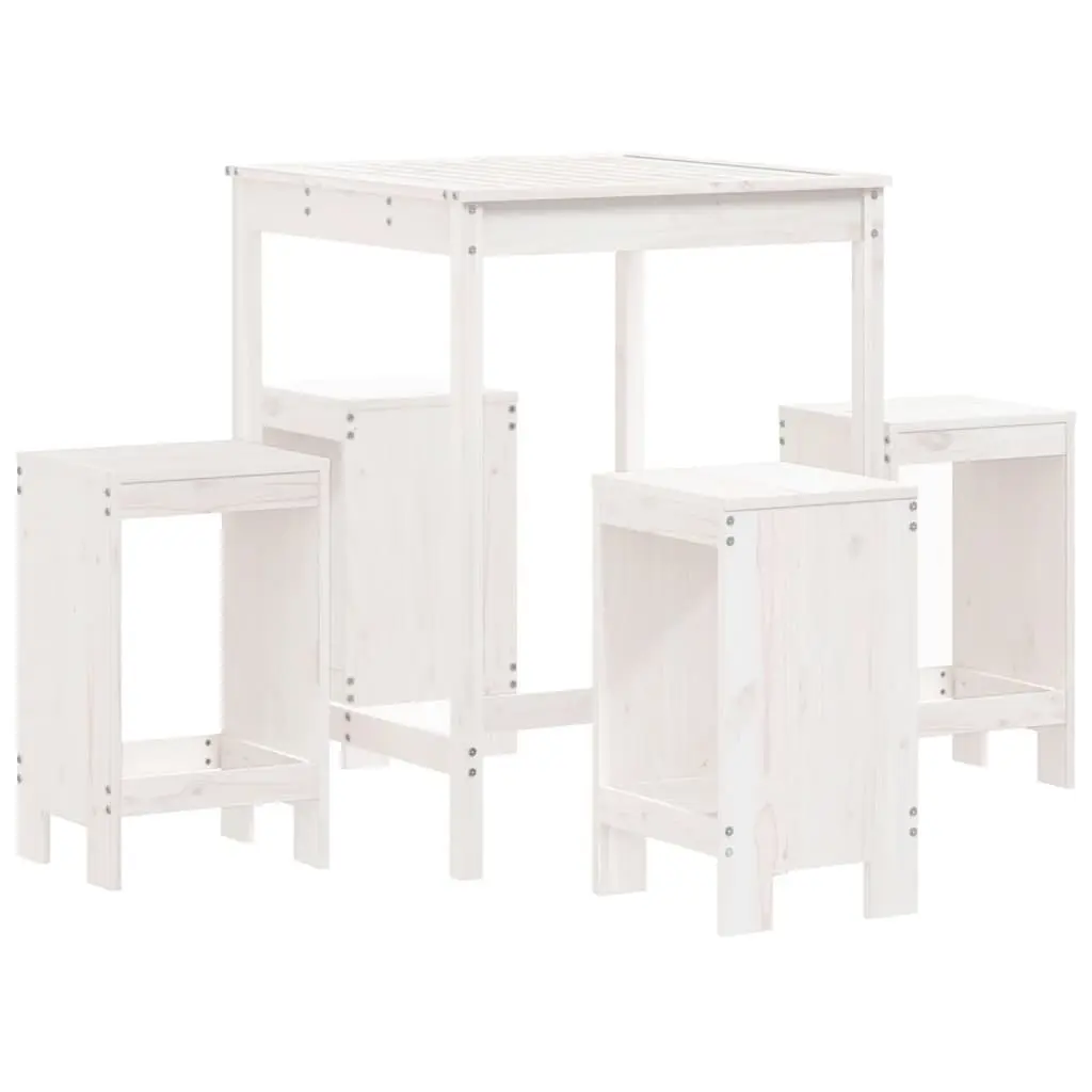 Garden Bar Set White Wood 5 Piece Outdoor Patio Furniture Stools Table