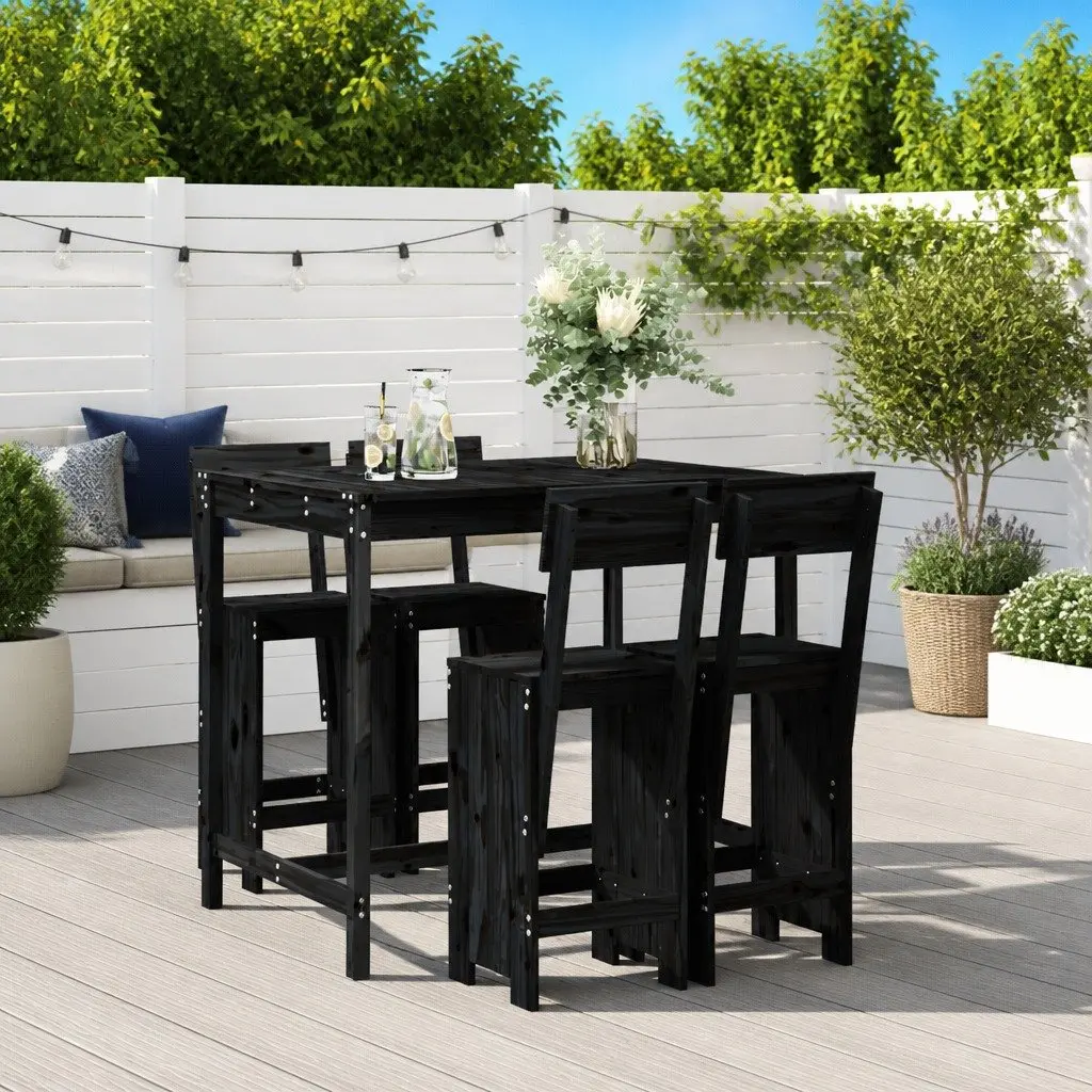 Garden Bar Set Solid Pine Wood 5 Piece Black Outdoor Furniture Patio Dining Stools Table