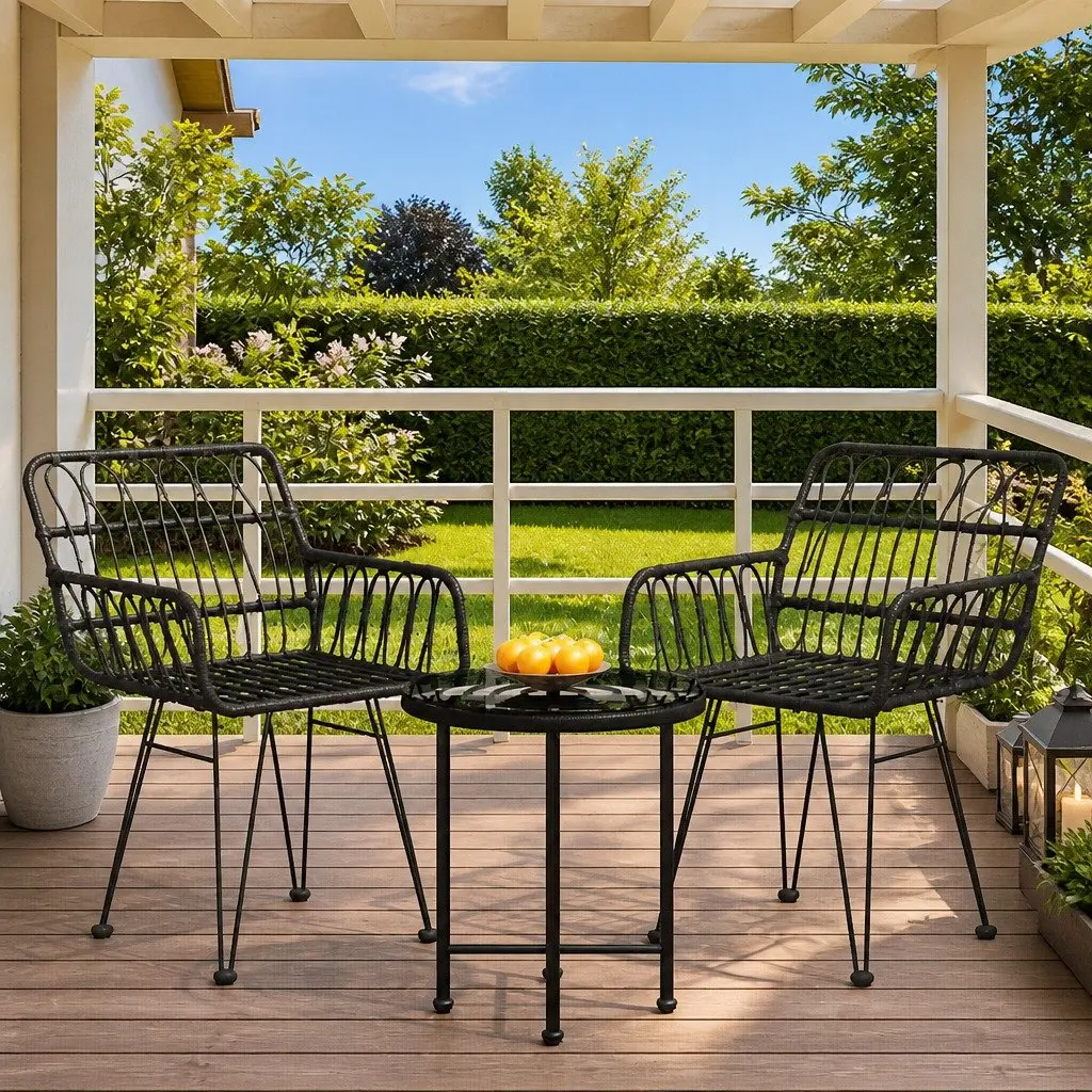 Outdoor Dining Set 3 Piece Black Poly Rattan Patio Table Chair