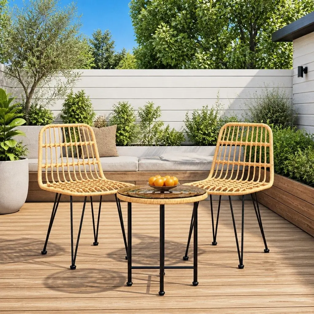 Garden Dining Set Brown Poly Rattan 3 Piece Outdoor Furniture with Steel Frame and Tempered Glass Tabletop