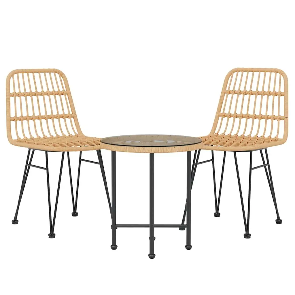 Garden Dining Set Brown Poly Rattan 3 Piece Outdoor Furniture with Steel Frame and Tempered Glass Tabletop