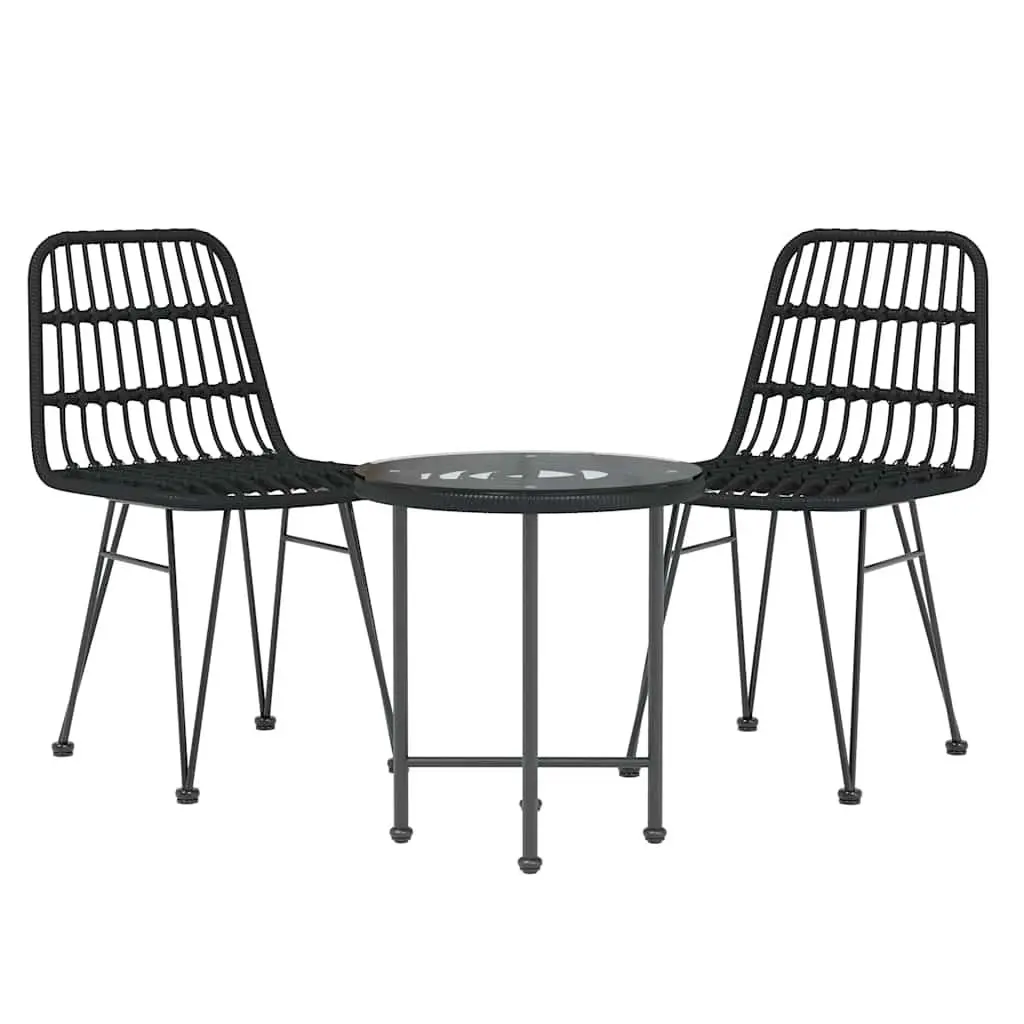 Garden Dining Set 3 Piece Black PE Rattan with Steel Frame and Tempered Glass Top for Outdoor Patio Use