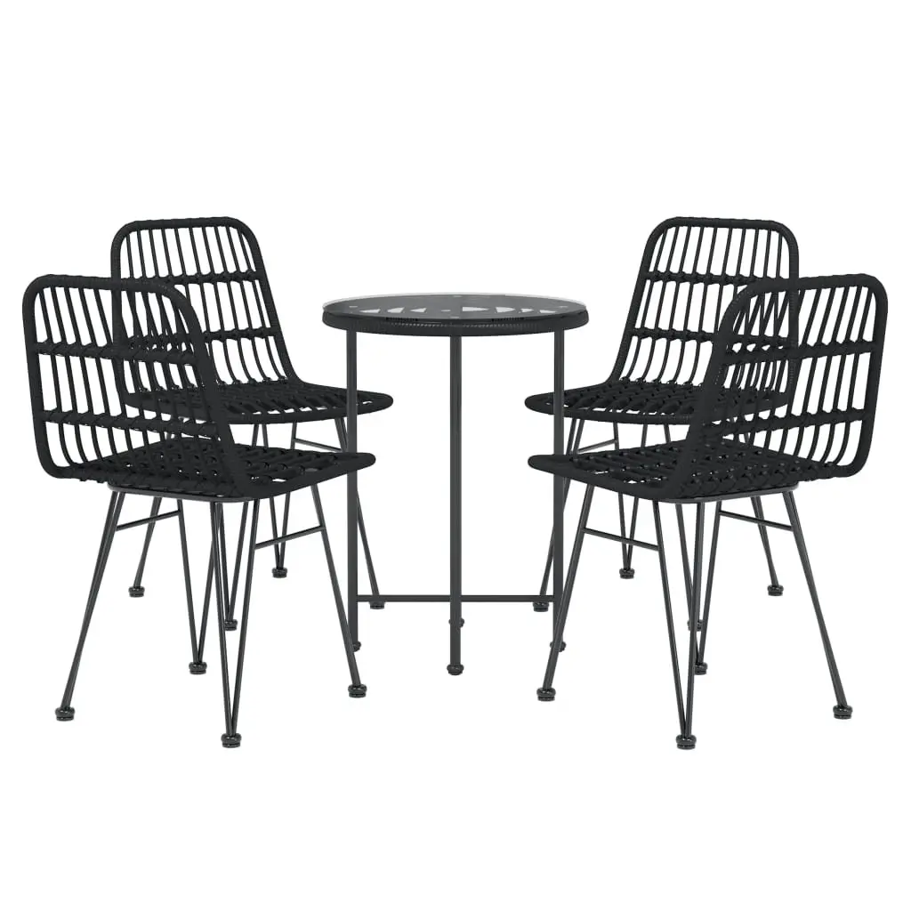 5 Piece Garden Dining Set Black Rattan Table with Tempered Glass Top and Chairs