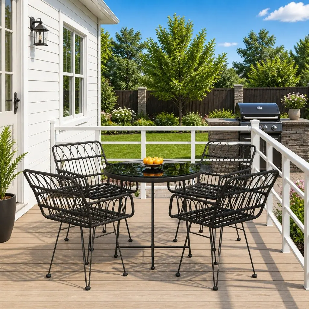 5 Piece Garden Dining Set Black PE Rattan Outdoor Furniture Patio Table Chairs