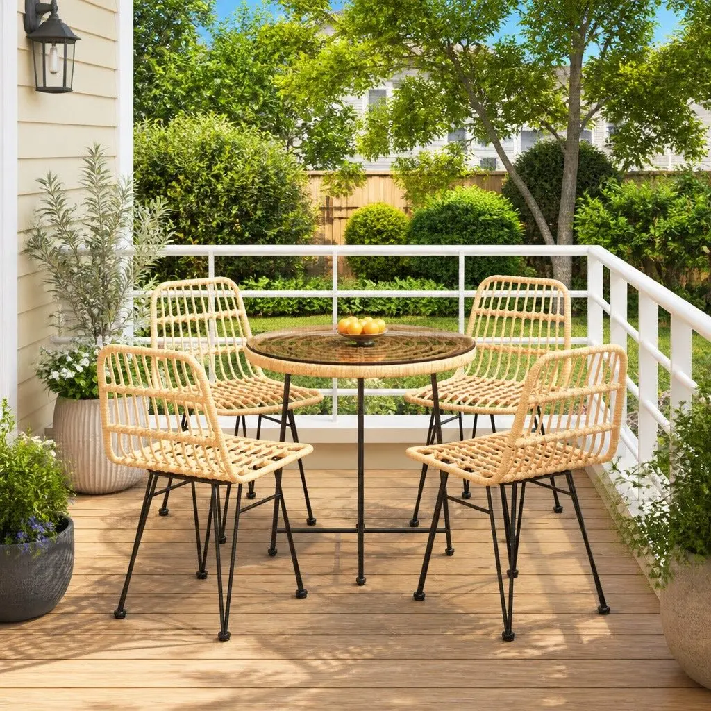 Outdoor Dining Set 5 Piece PE Rattan Steel Frame Brown with Tempered Glass Top