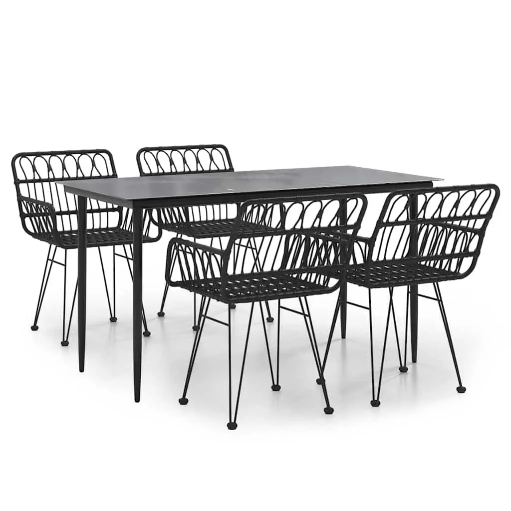 5 Piece Garden Dining Set Black Rattan Chairs Tempered Glass Table