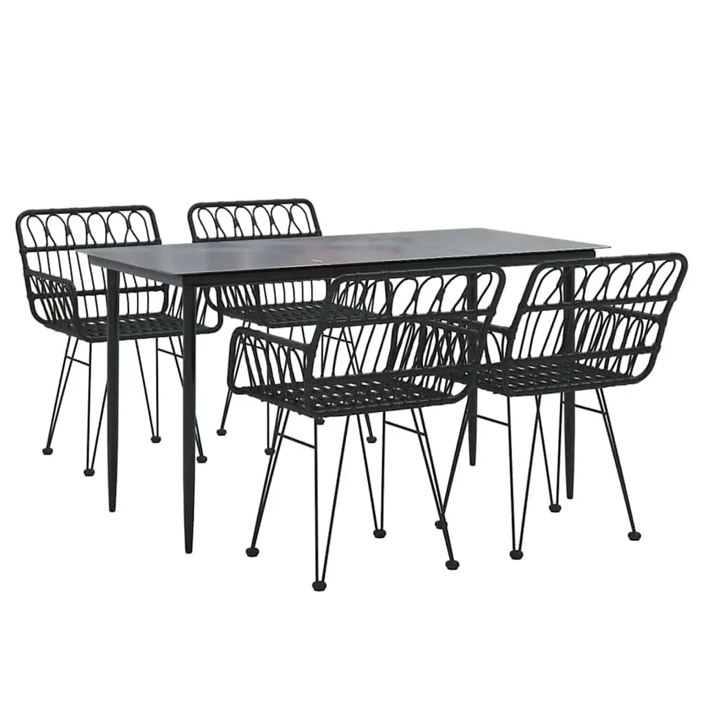 5 Piece Garden Dining Set Black Rattan Chairs Tempered Glass Table