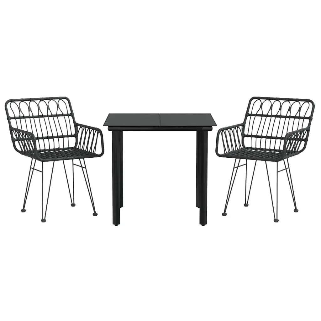 3 Piece Patio Furniture Set Black Poly Rattan Dining Chairs Table Outdoor Garden