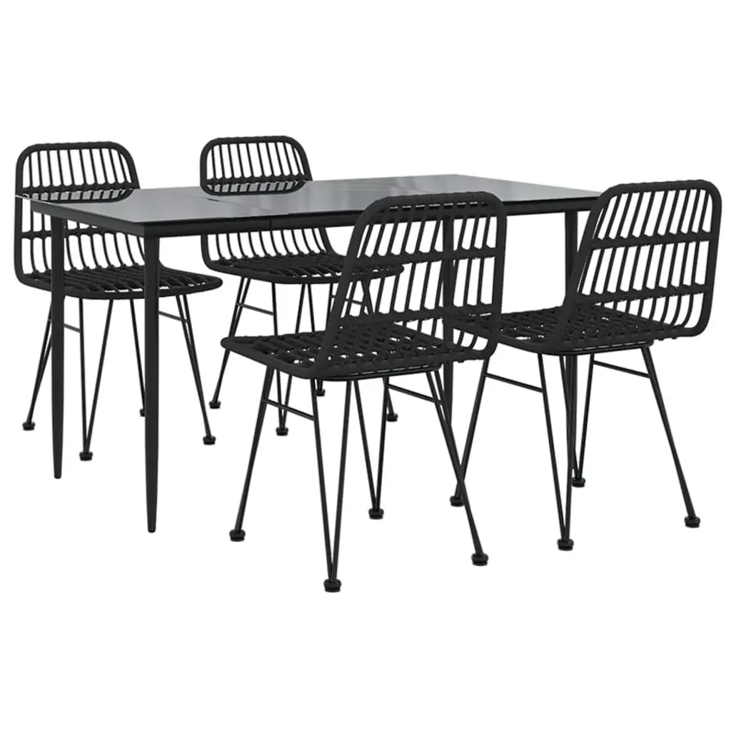 5 Piece Garden Dining Set Black PE Rattan Steel Frame Tempered Glass Table Chairs