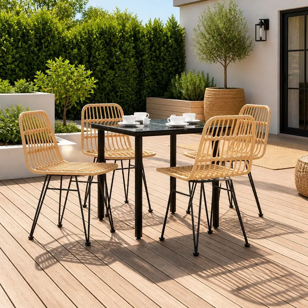 Garden Dining Set Brown PE Rattan 5 Piece Outdoor Furniture Table Chairs