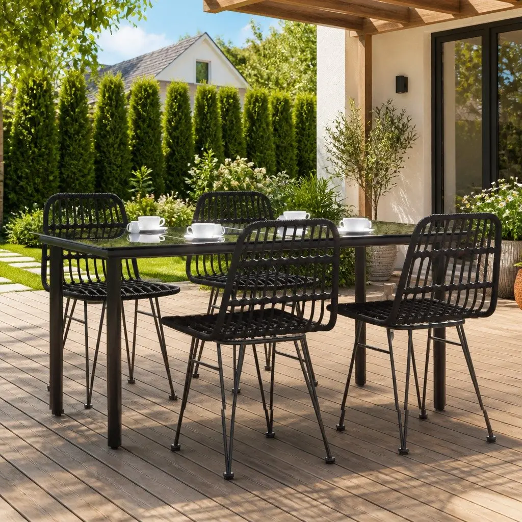 5 Piece Outdoor Garden Dining Set Black Poly Rattan Table Chairs