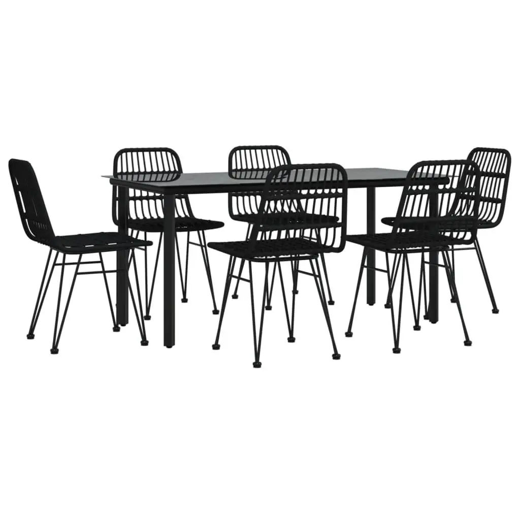 Black Rattan Outdoor Patio Dining Set 7 Piece with Steel Frame and Tempered Glass Tabletop