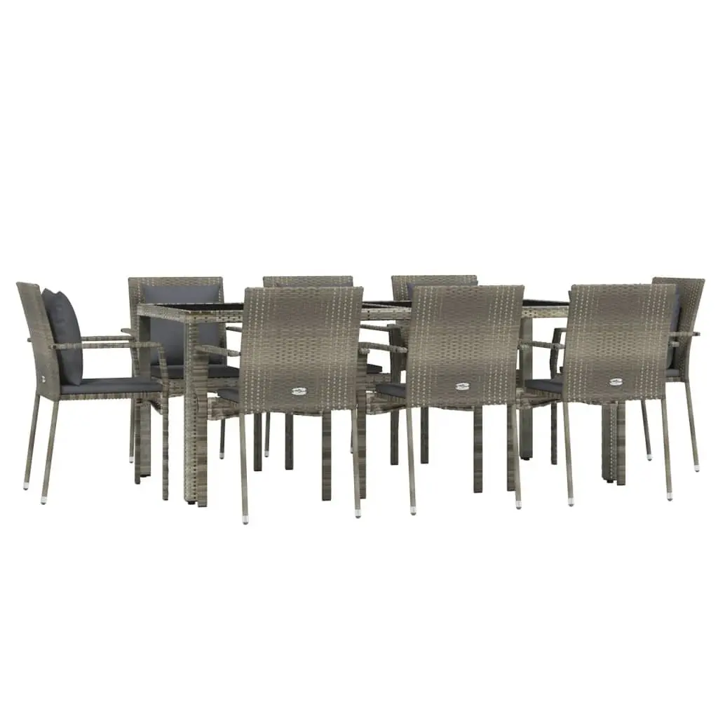 Outdoor Patio Furniture Set 9 Piece Grey PE Rattan with Cushions and Tempered Glass Table