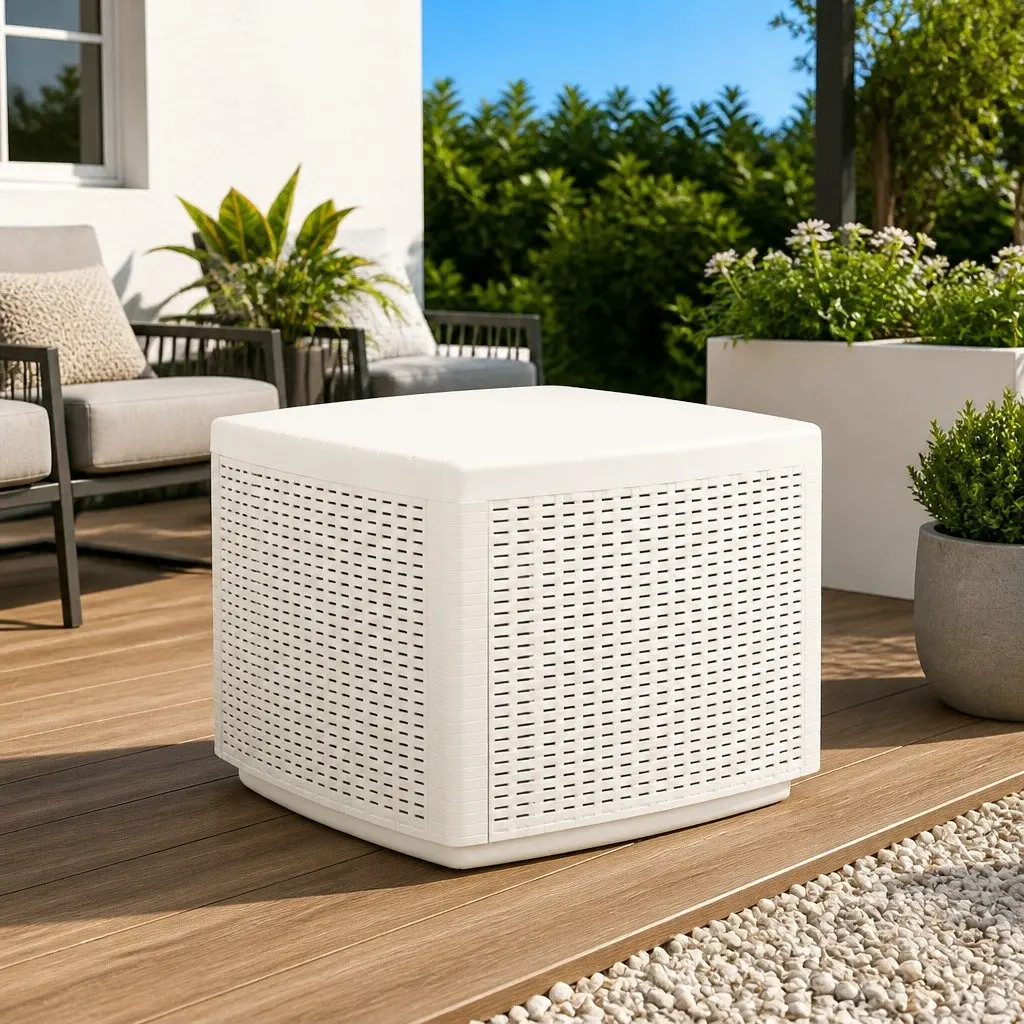 Garden Coffee Table Lightweight Plastic White 53x53x40cm Rattan Look Outdoor Patio Furniture