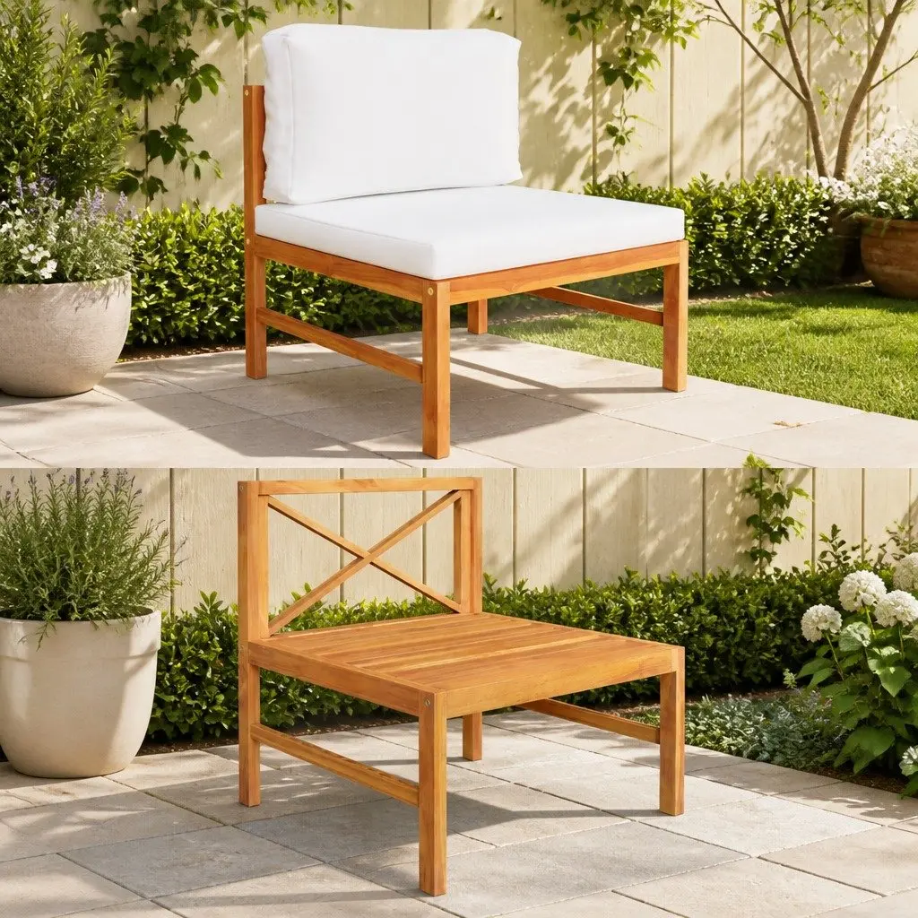 Outdoor Middle Sofa Section Teak Wood Cream Cushions