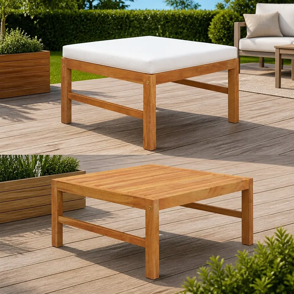 Garden Footrest Ottoman Teak Wood with Cream Cushion