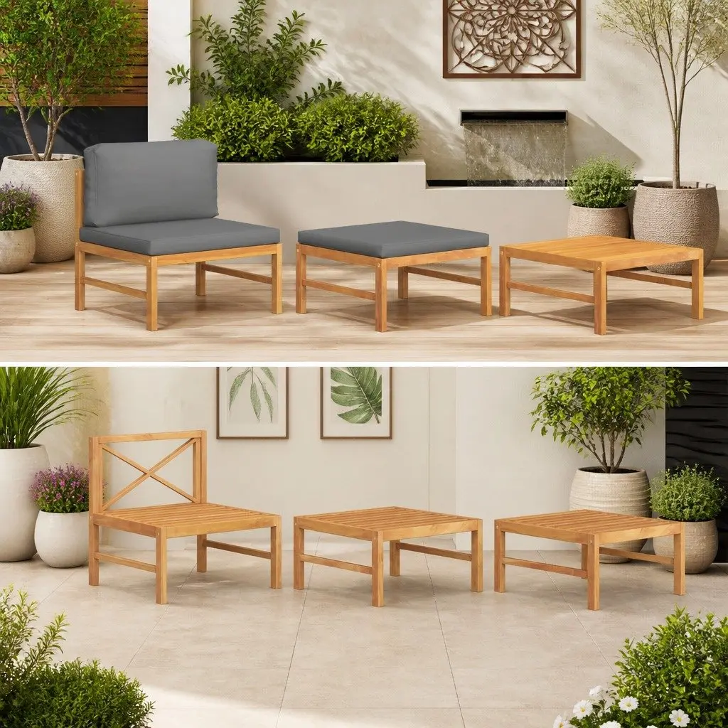Outdoor Sectional Lounge Set 3 Piece Garden Seating Furniture with Grey Cushions