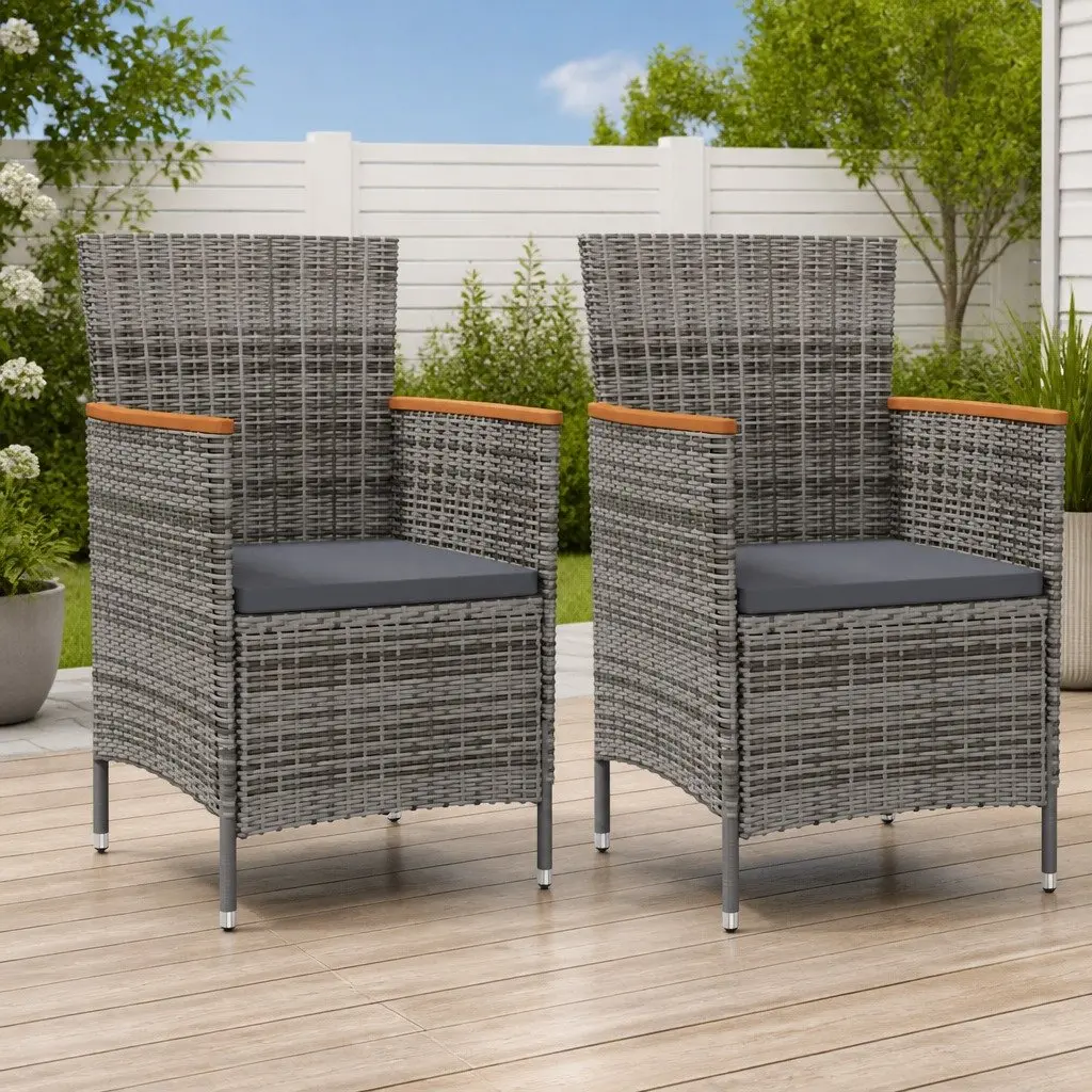 Outdoor Dining Chairs Grey Poly Rattan 2 Piece Garden Patio Seating with Cushion