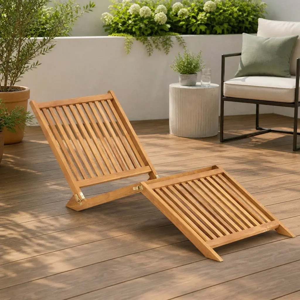 Folding Teak Wood Sun Lounger Outdoor Patio Garden Deck Chair