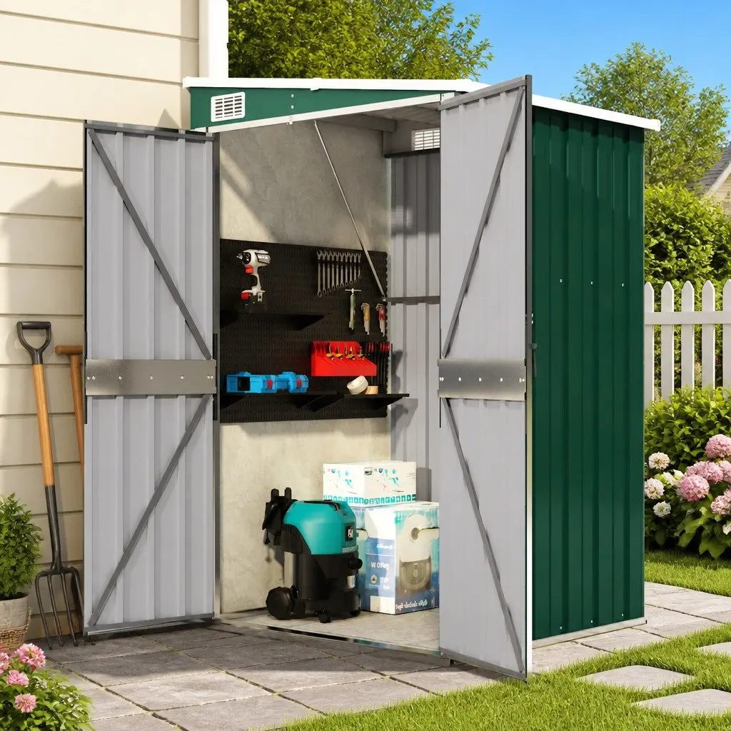 Wall-mounted Garden Shed 118x100x178cm Outdoor Storage Double Door Green