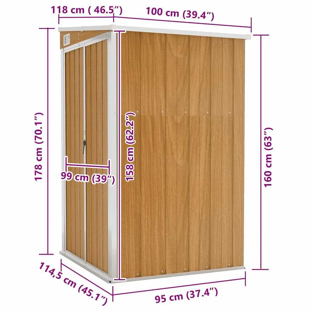 Wall-mounted Garden Shed Brown Galvanised Steel 118W x 100D x 178H cm