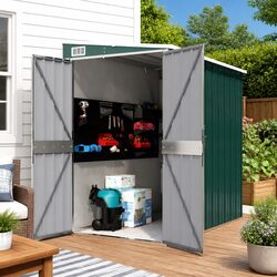 Wall-mounted Garden Shed Green Outdoor Storage Steel Double Door Roof Drain