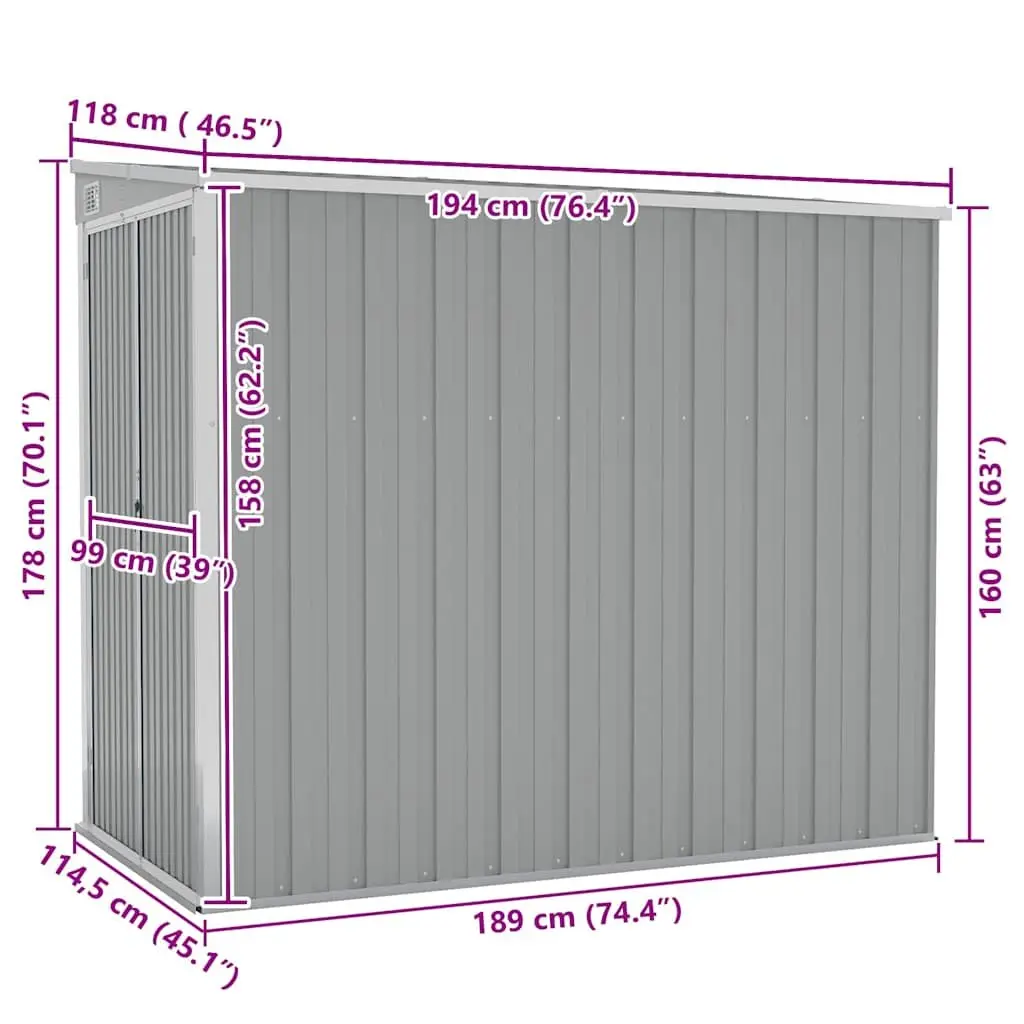 Wall-Mounted Garden Shed Grey Steel Storage Outdoor Tool Locker 118x194x178 cm