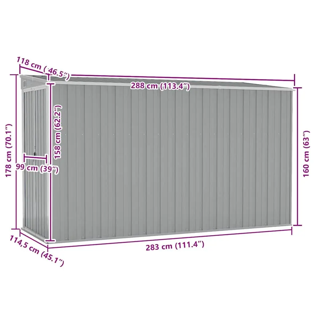Wall-mounted Garden Shed Grey Galvanised Steel Double Door 118 x 288 x 178 cm