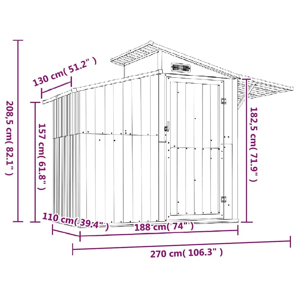 Outdoor Storage Shed Grey Galvanised Steel 270x130x208.5cm Durable Tool House with Ventilation and Transparent Roof Panel