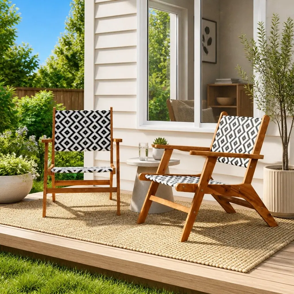 Garden Chairs Outdoor Patio Set Acacia Wood Rattan Backrest Brown 2 Pieces