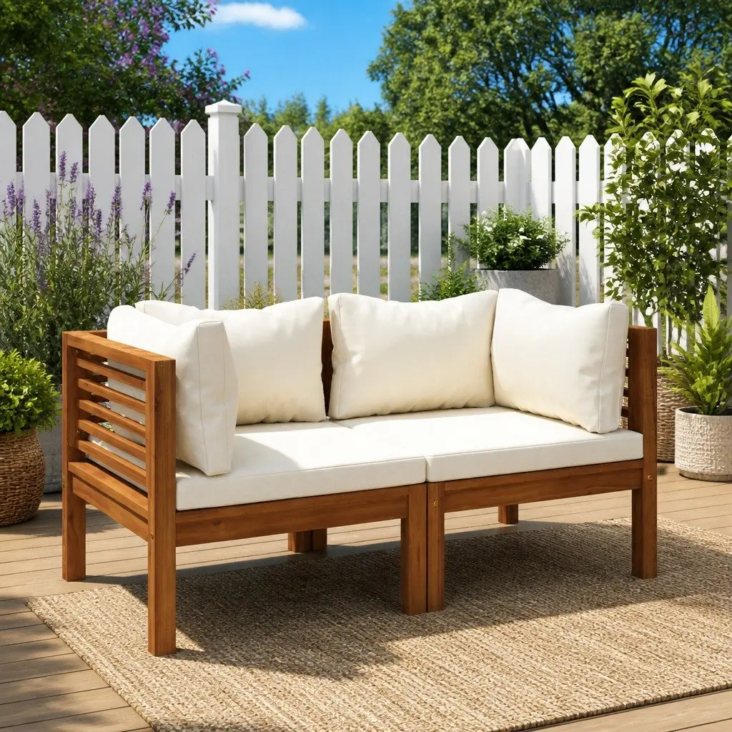 Outdoor Corner Sofa Set 2 pcs White Cushions Solid Acacia Wood Garden Seating