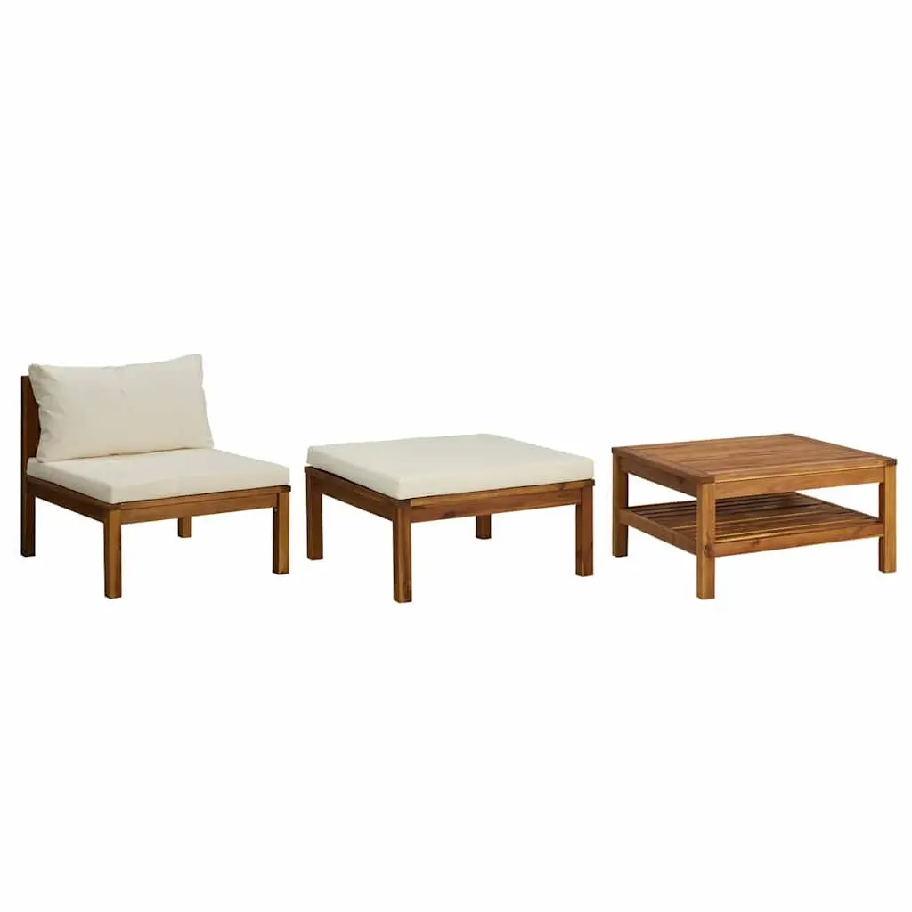 Acacia Wood Outdoor Sofa Set with Cream Cushions 3 Piece Garden Lounge Set for Relaxing on Patio Terrace Balcony
