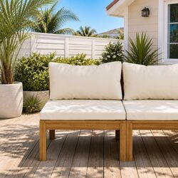 Outdoor Sectional Middle Sofa Unit Acacia Wood Cream White Cushion Garden Lounge