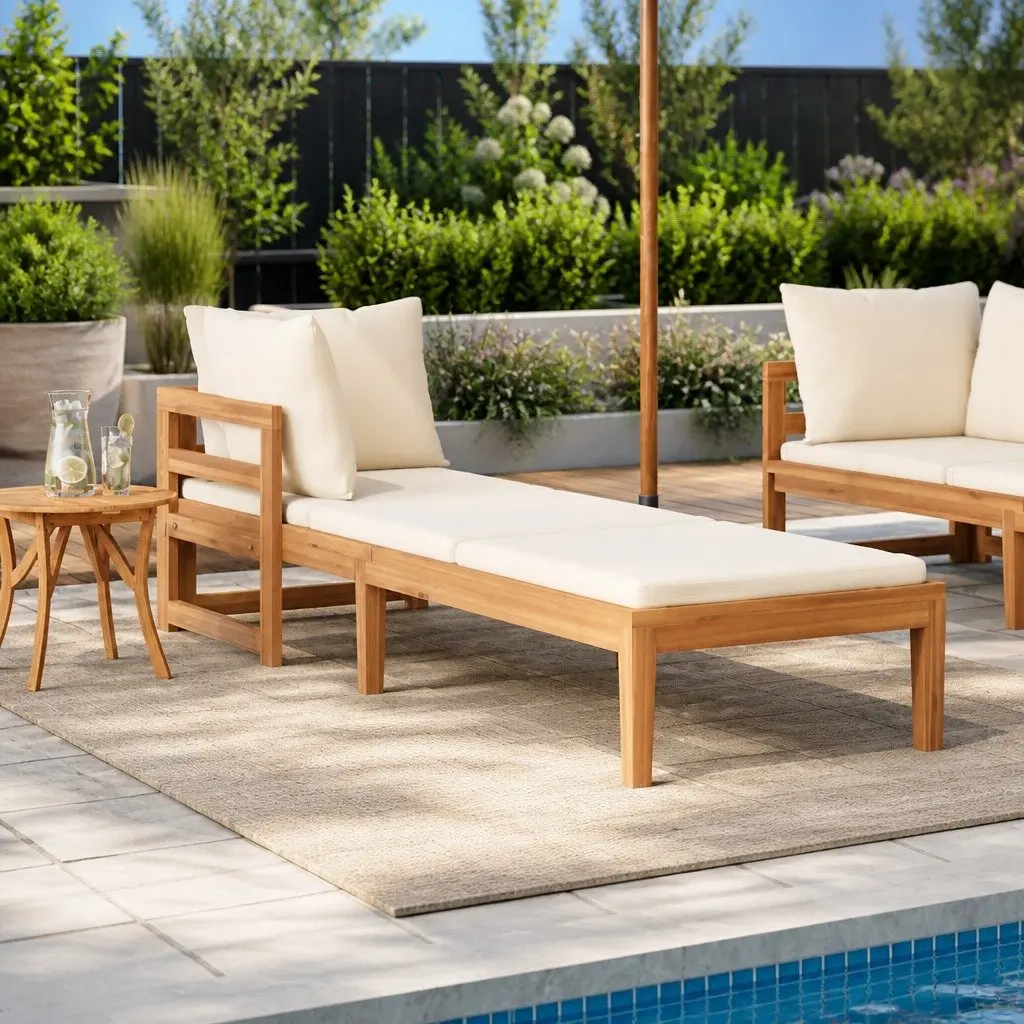 Wooden Sun Lounger Adjustable Armrest Outdoor Size