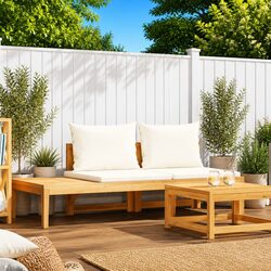 Garden Bench with Attached Table Cream White Cushions Solid Acacia Wood Outdoor