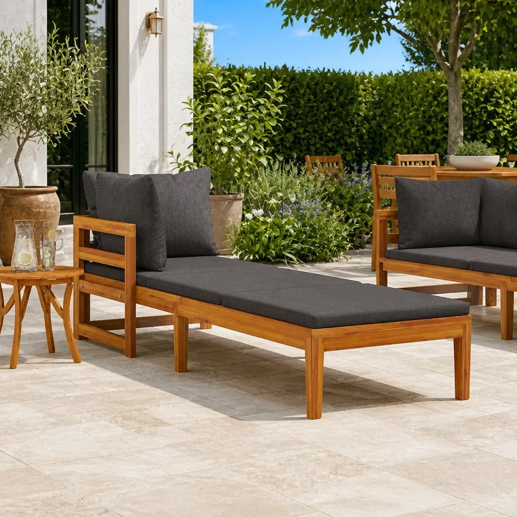 Wooden Sun Lounger Outdoor Garden Bed with Armrest Grey Solid Acacia