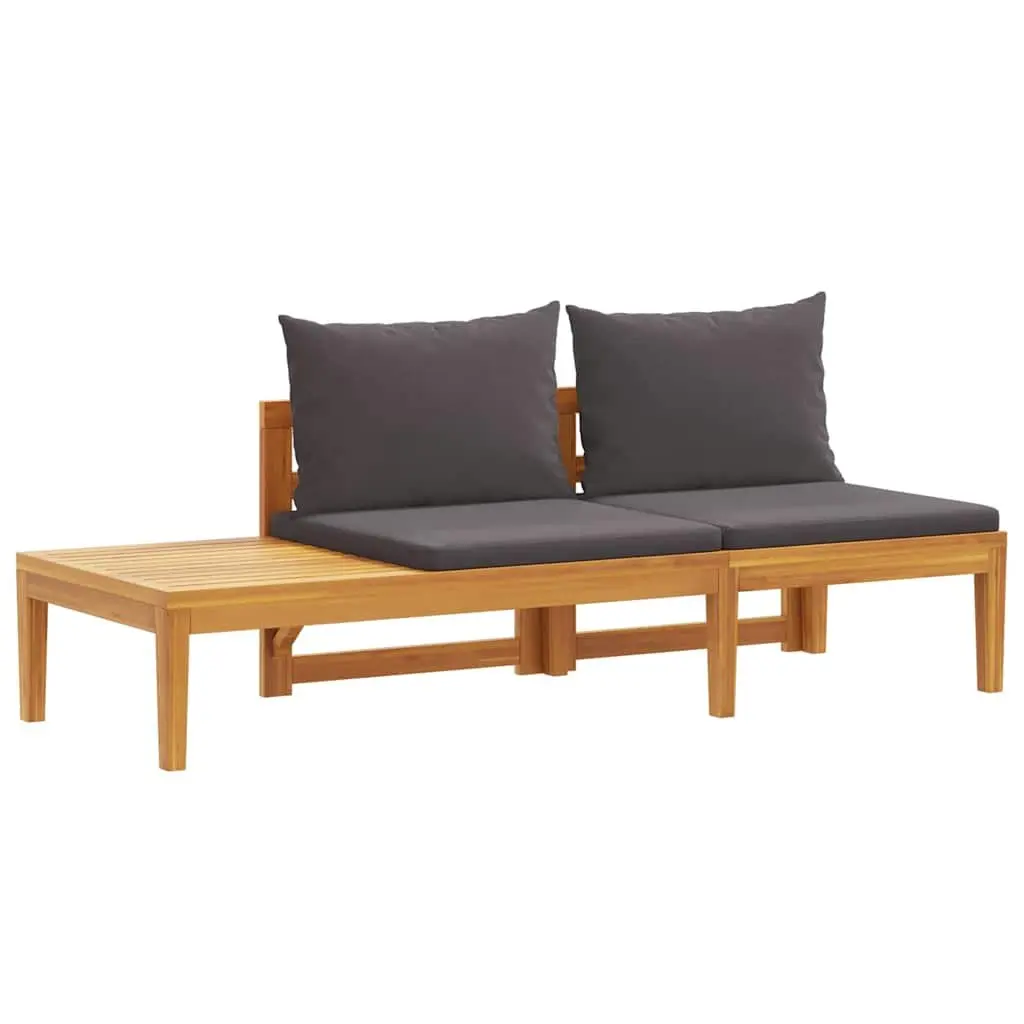 Garden Bench with Attached Table Grey Cushions Solid Acacia Wood Outdoor Seating