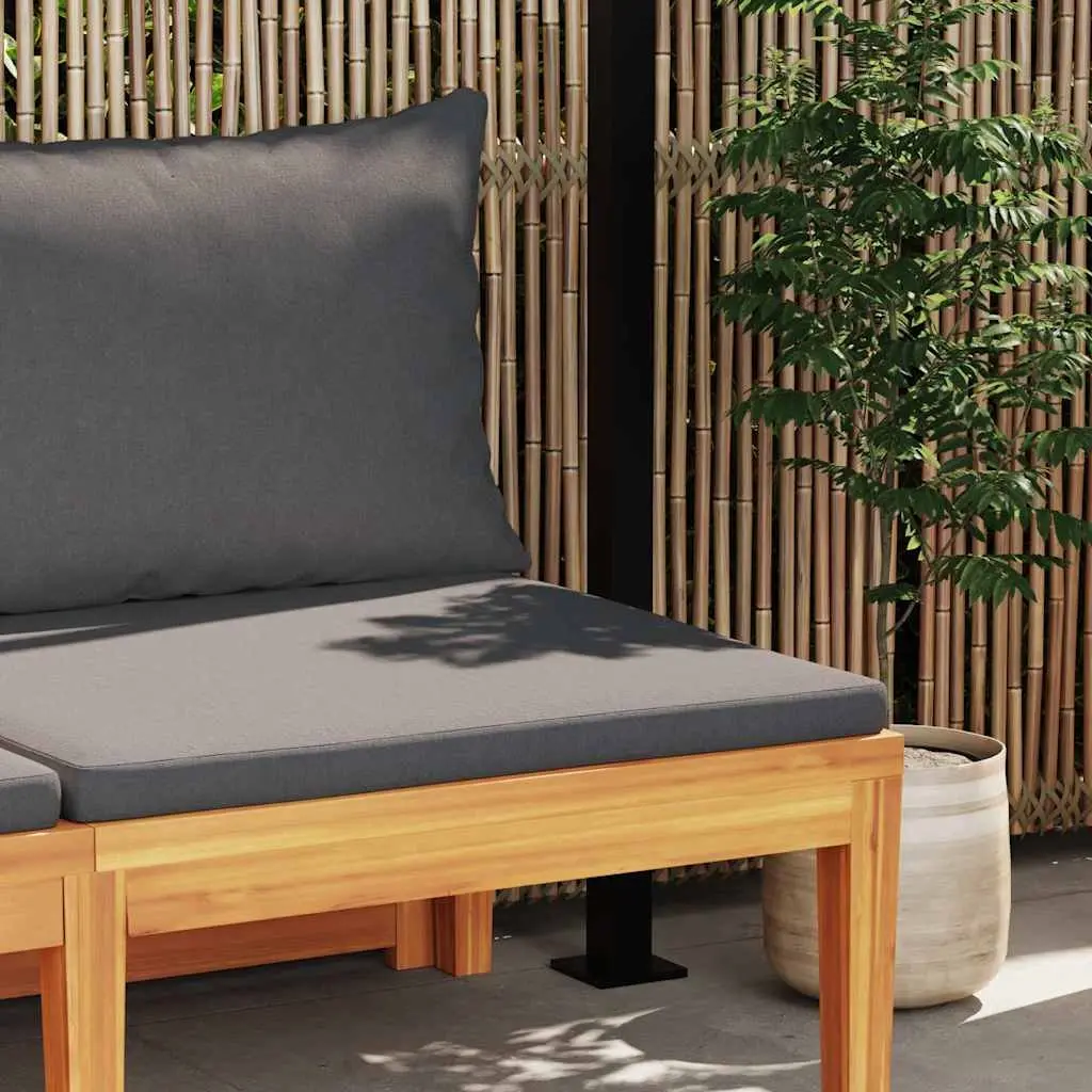 Garden Bench with Attached Table Grey Cushions Solid Acacia Wood Outdoor Seating