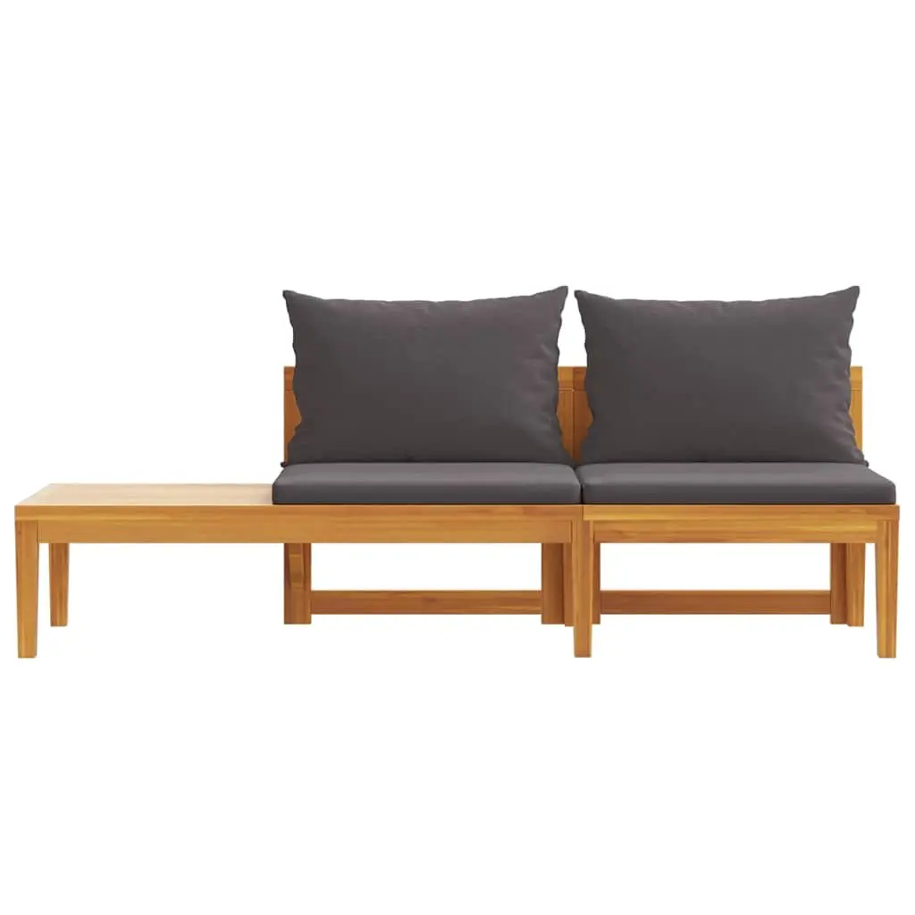 Garden Bench with Attached Table Grey Cushions Solid Acacia Wood Outdoor Seating