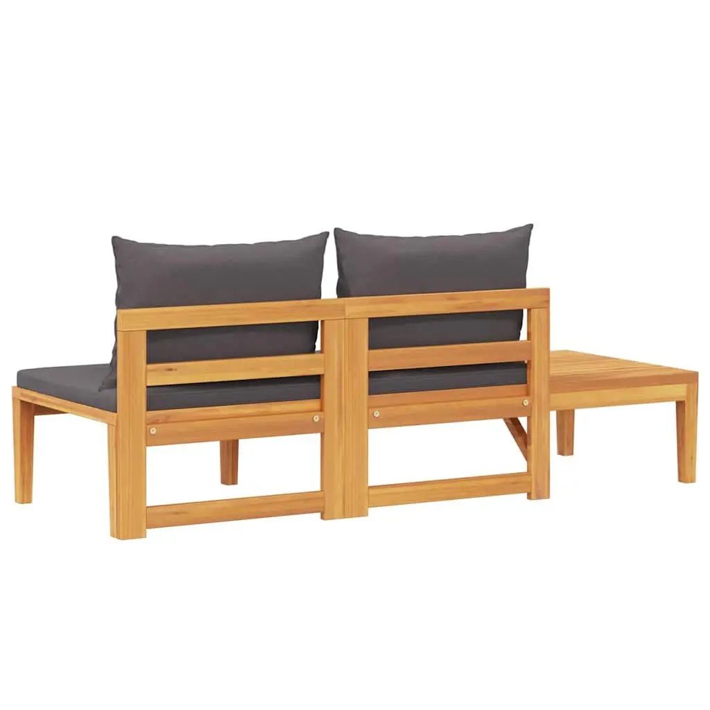 Garden Bench with Attached Table Grey Cushions Solid Acacia Wood Outdoor Seating