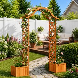 Wooden Garden Pergola with Planter Boxes Arch Outdoor Decorative Structure Brown