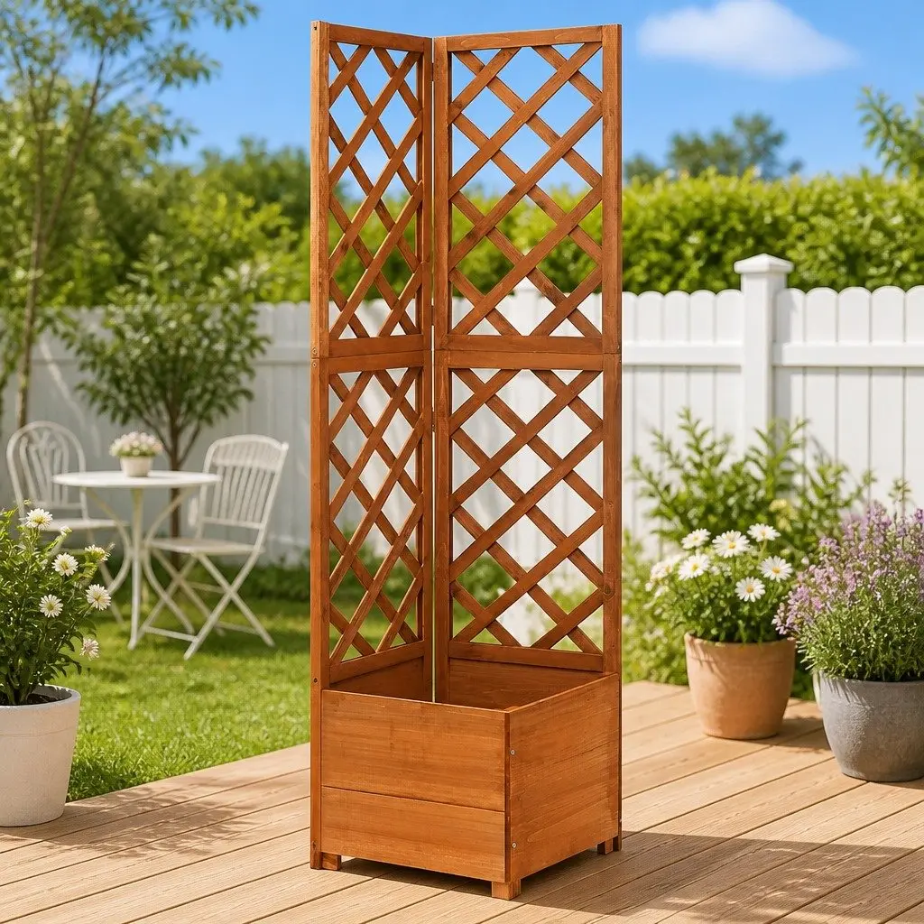Corner Trellis Planter 40x40x150 cm Fir Wood Garden Flower Box Climbing Plants