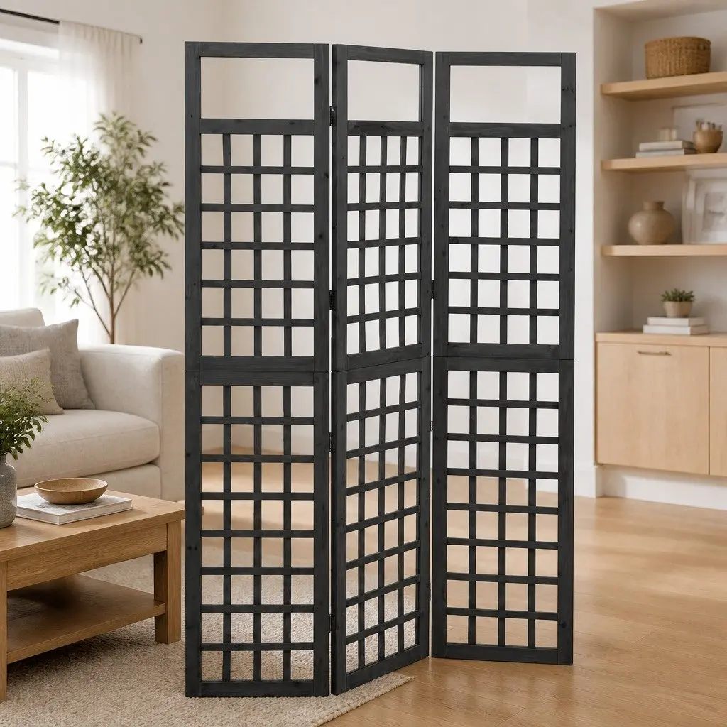 3-Panel Room Divider Trellis Solid Fir Wood Folding Privacy Black 121 x 180 cm