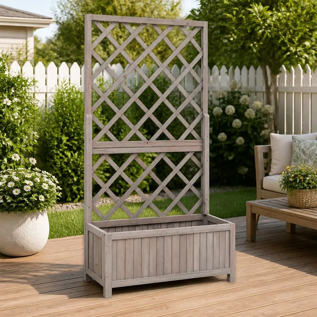 Garden Trellis Planter Grey Wooden 70W x 30D x 135H cm Support Climbing Plants Outdoor