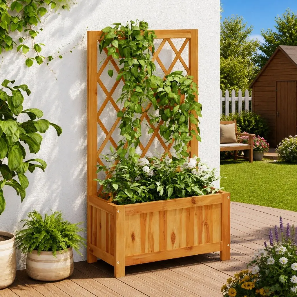 Garden Raised Bed with Trellis Solid Acacia Wood Planter Box Outdoor