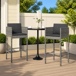 Outdoor Bar Stools 2 pcs Grey Poly Rattan with Cushions Garden Seating